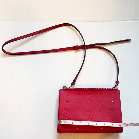 Genuine MCM Red Studded Leather Crossbody Bag - Picture 3 of 5